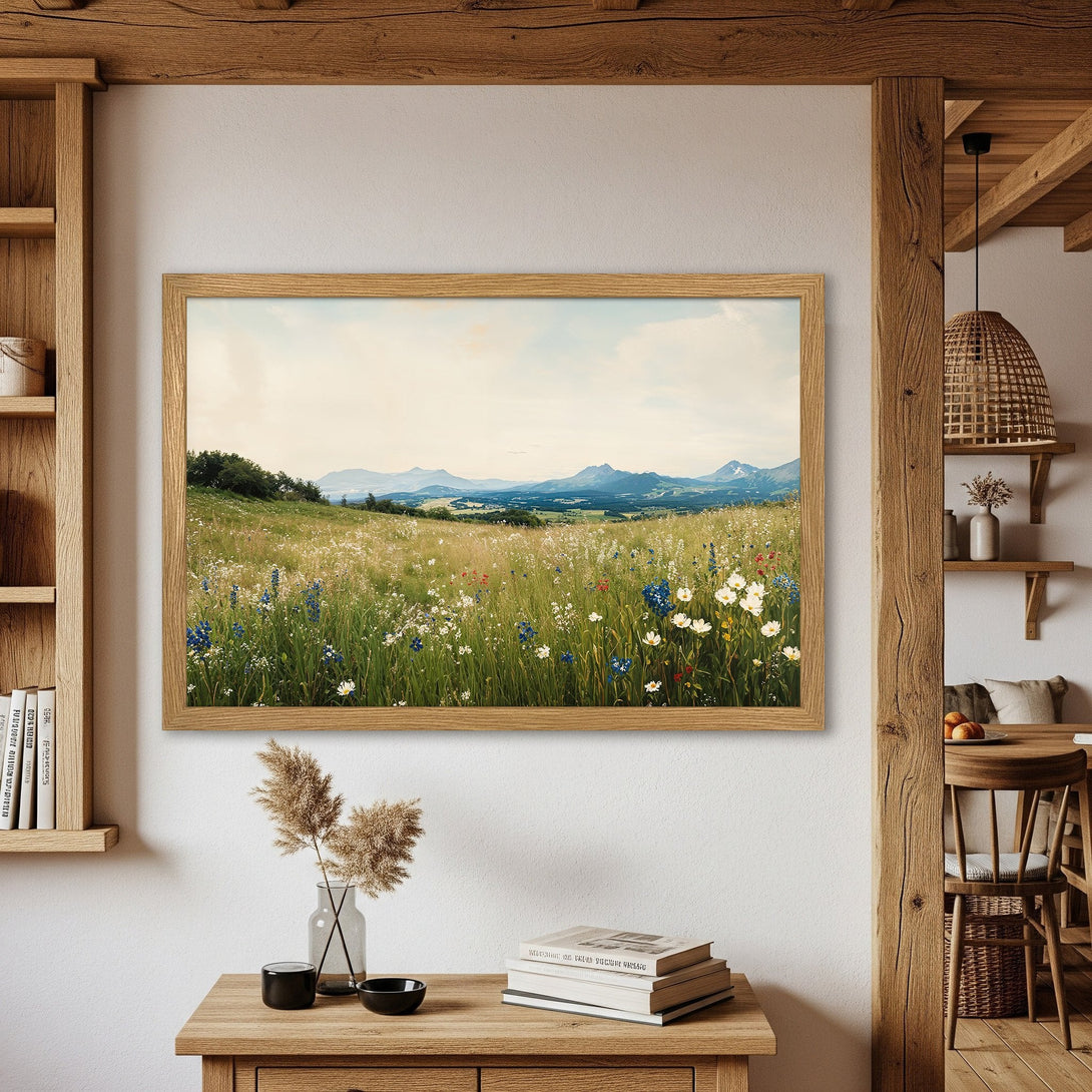 Framed Poster featuring a serene meadow landscape. Rustic style with a warm, natural color palette. Bring the outdoors in with this beautiful print!