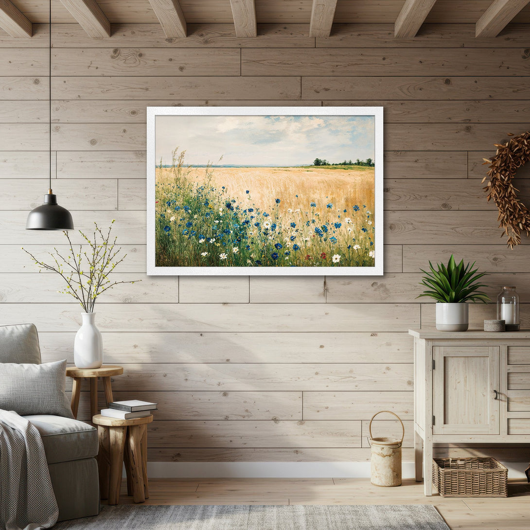 Framed Poster of a wildflower field in a rustic style with a warm, natural color palette. Perfect wall art!