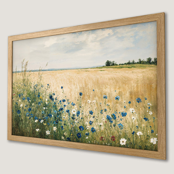 Framed Poster: Field of wildflowers art print. Rustic style, blue, white, and gold color palette, perfect for home decor.