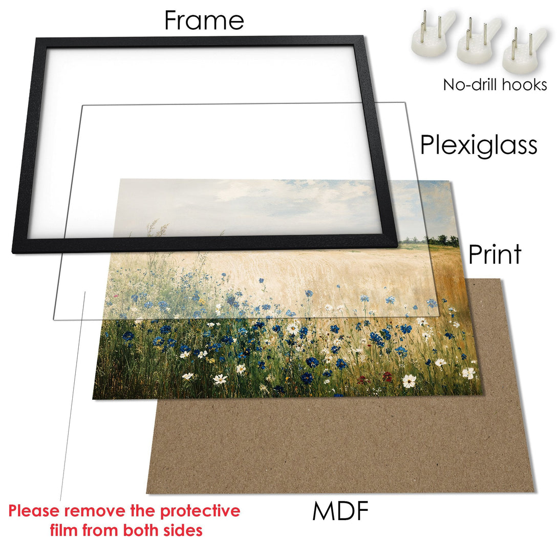Framed Poster featuring a field of wildflowers in a soft, impressionistic style with a natural color palette. Perfect wall art!