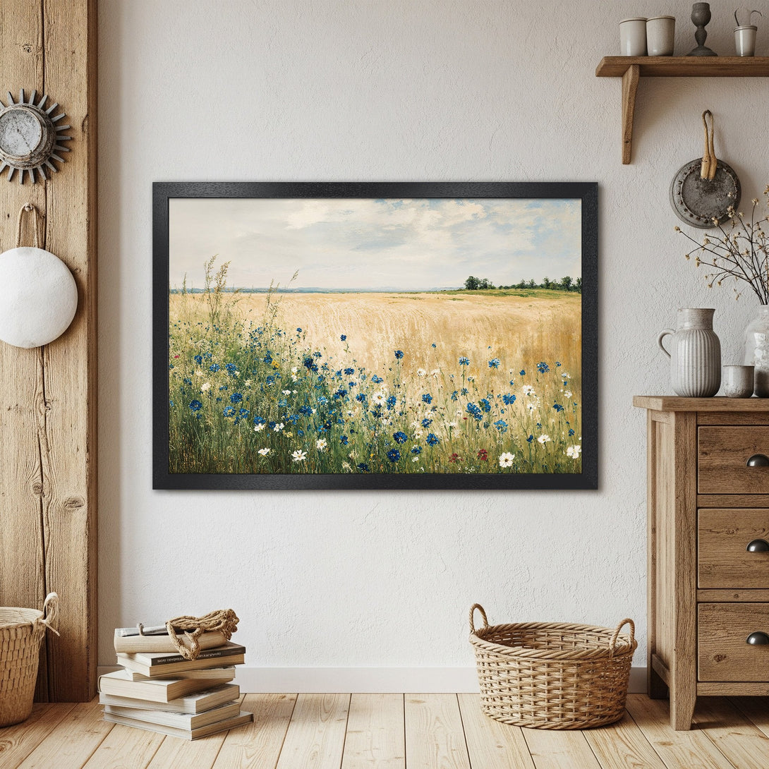 Framed Poster featuring a field of wildflowers. Impressionistic style with a warm, natural color palette. Perfect wall art for any room.