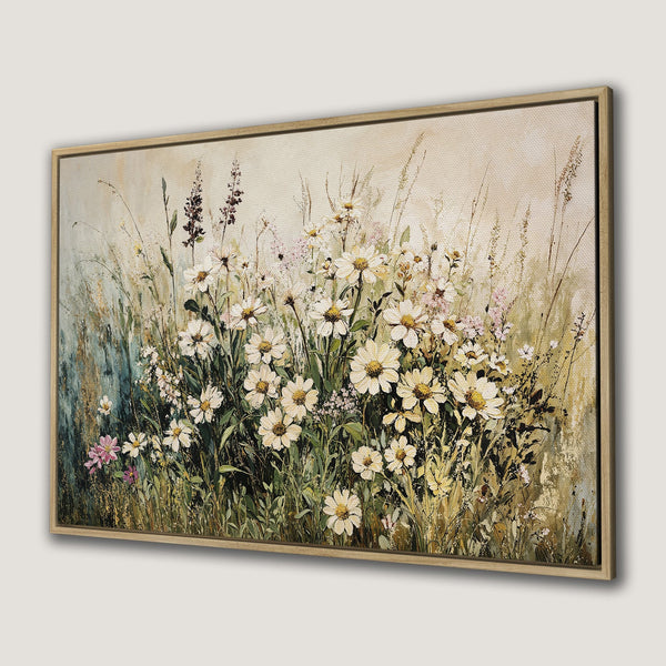 Framed Wall Art: Impressionist painting of daisies in a field, featuring a neutral color palette with green, beige, and pops of pink. Perfect wall decor.