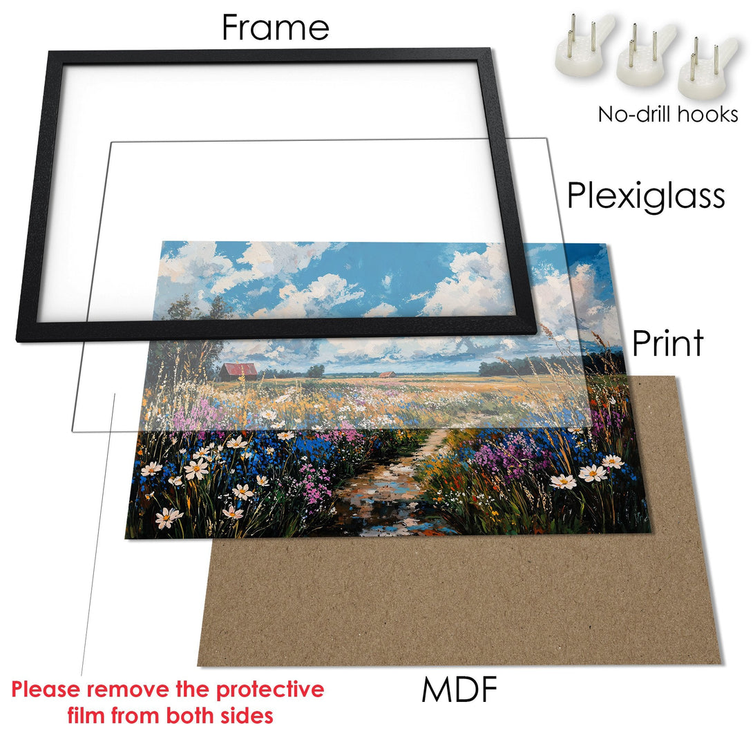 Framed Poster of a vibrant landscape painting. Features a colorful field with a blue sky. Perfect wall art!