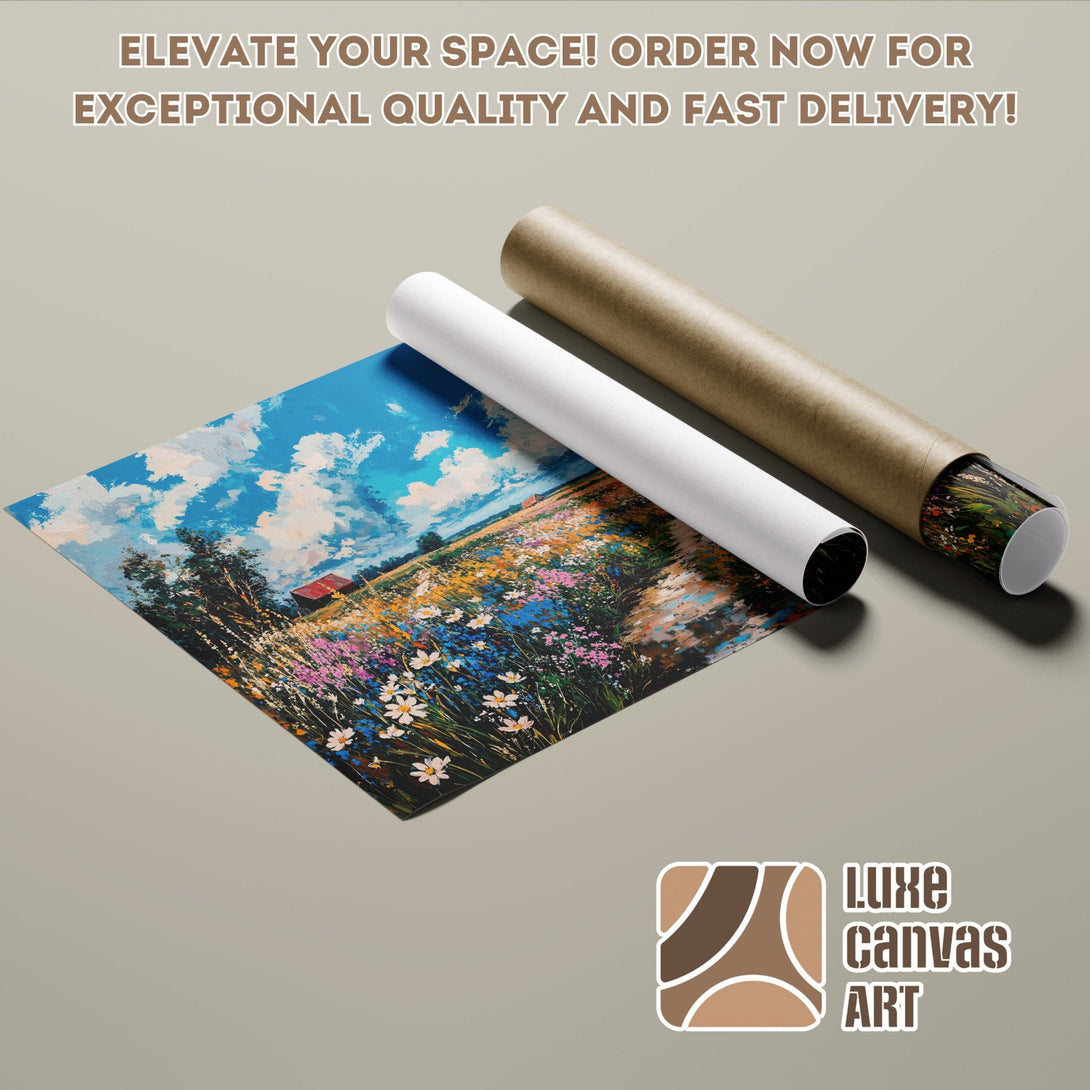 Poster Roll of a vibrant landscape painting with blue, yellow, and pink hues. Elevate your space!