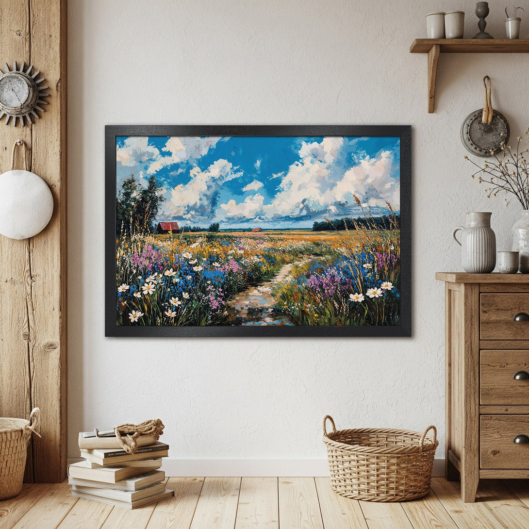 Framed Poster of a vibrant field painting with blue sky and wildflowers. Impressionist style, warm color palette.