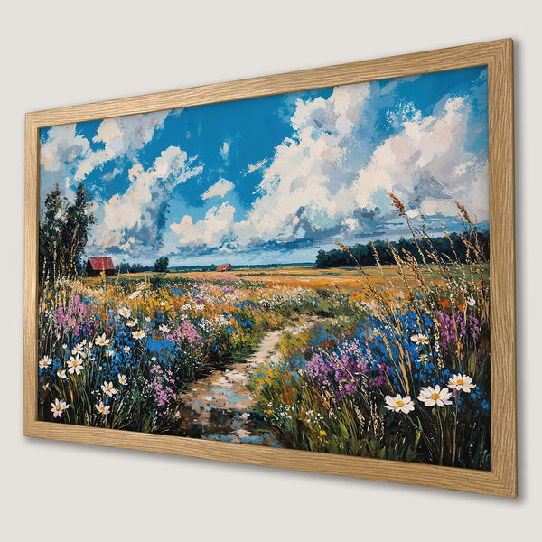 Framed Poster of a vibrant wildflower field painting with blue sky, impressionist style, and a warm color palette.