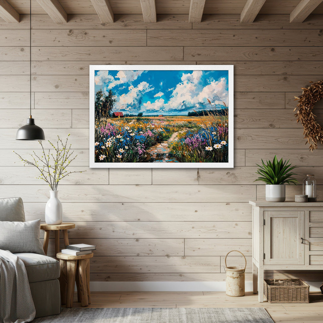 Framed Poster of a vibrant field landscape painting in a bright, colorful palette. Perfect wall art for a cozy home.