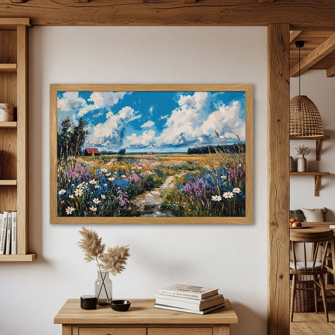 Framed Poster featuring a vibrant meadow landscape painting with a blue sky, in a warm color palette. Perfect wall art!