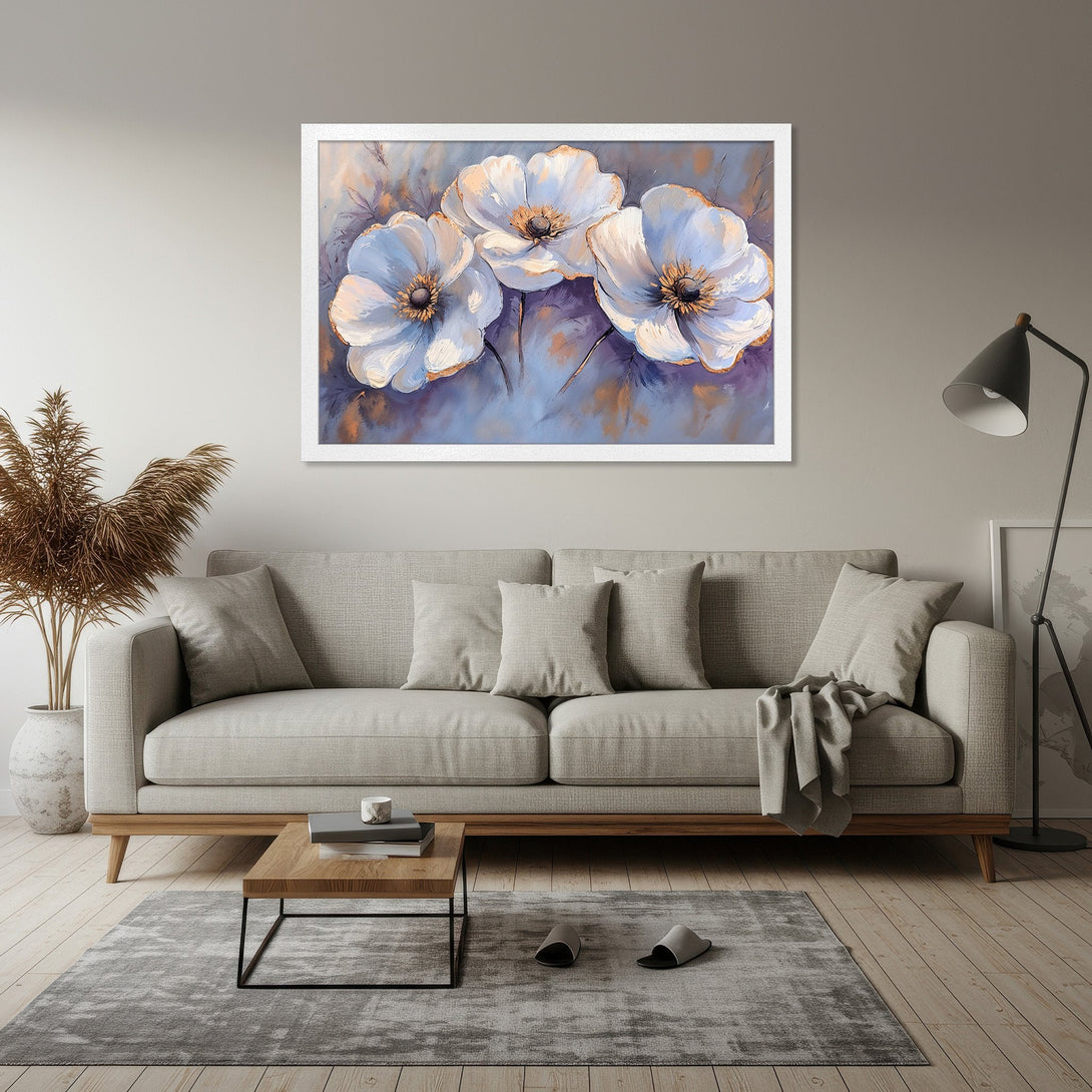 Framed Poster featuring white floral art. Modern style, soft blue, purple, and gold color palette. Perfect for home decor.