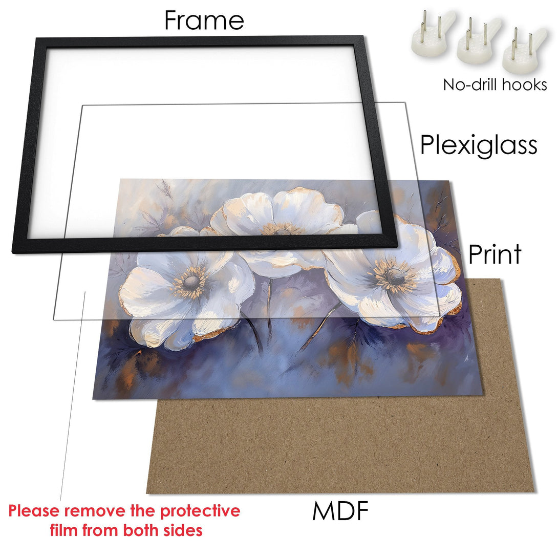 Framed Poster featuring white floral art in a soft, painterly style. Elegant color palette of blues, whites, and gold.