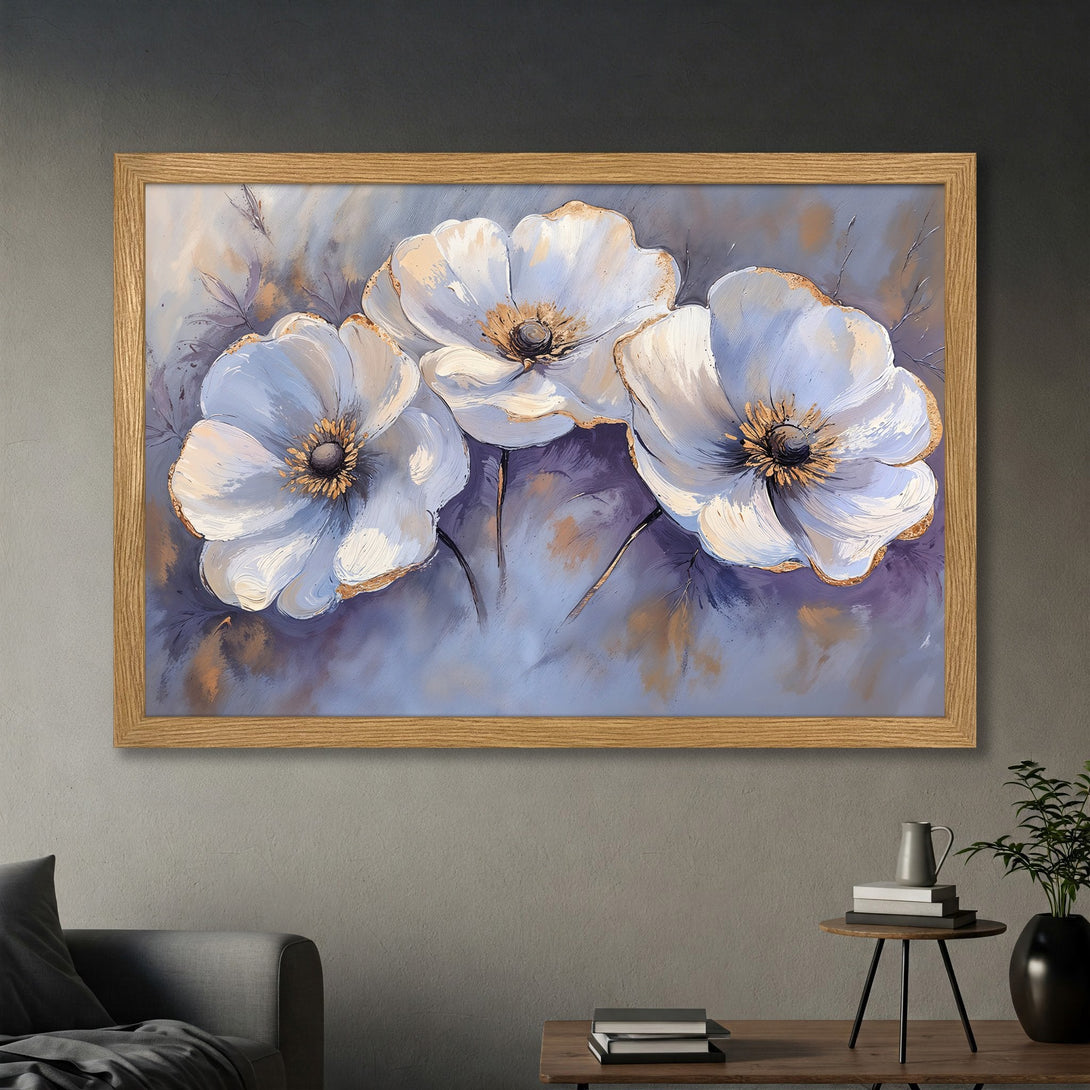 Framed Poster featuring white flower art with gold accents, soft blue and purple color palette. Perfect wall decor.