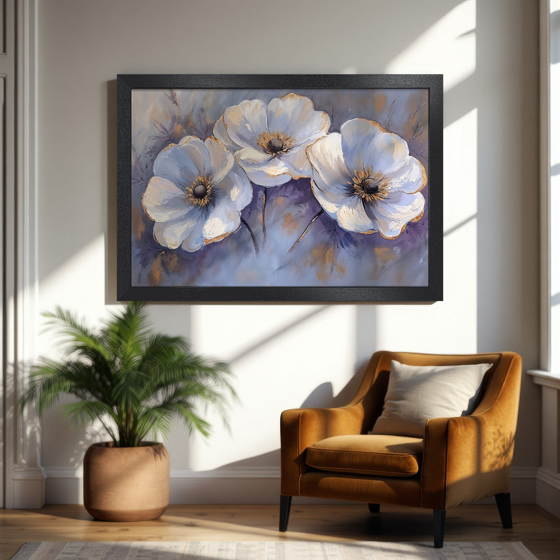 Framed Poster featuring elegant white flower art with gold accents, set against a muted blue/purple backdrop. Perfect wall decor!