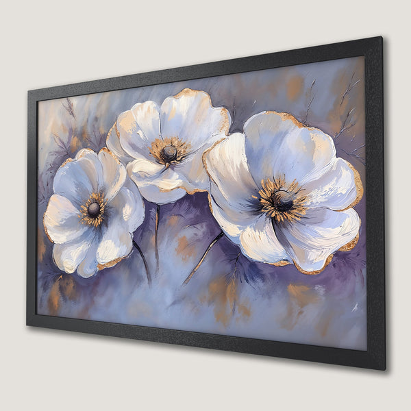 Framed Poster featuring elegant white floral art with gold accents, painted in a soft, impressionistic style, set against a muted purple and blue background.