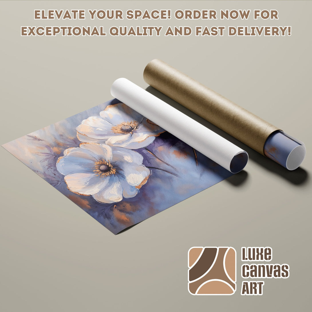Poster Roll featuring floral art in blue and gold tones. Elevate your space with this stunning print!