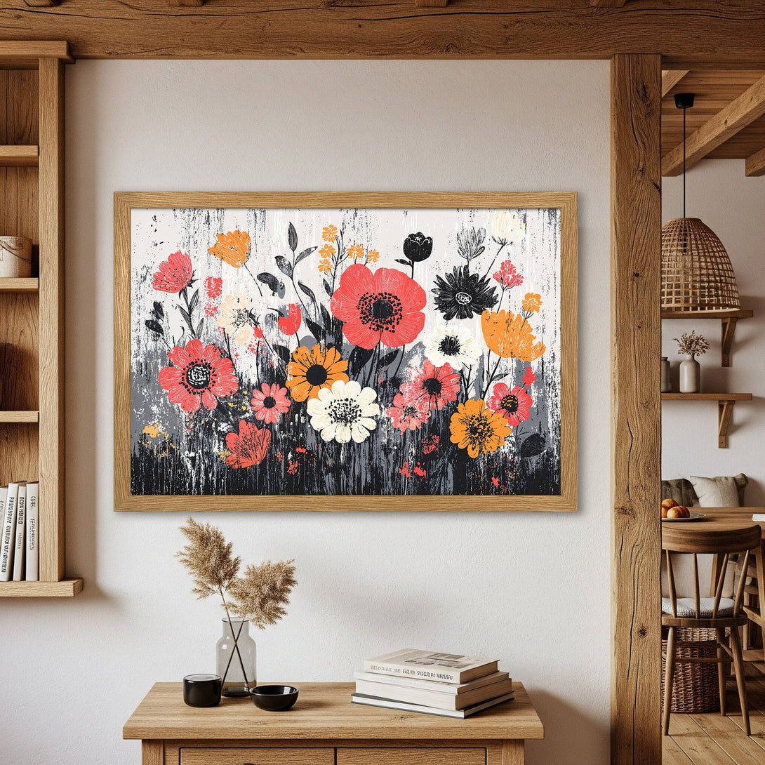 Framed Poster of vibrant floral art with red, orange, and black blooms. Rustic style, perfect wall decor.
