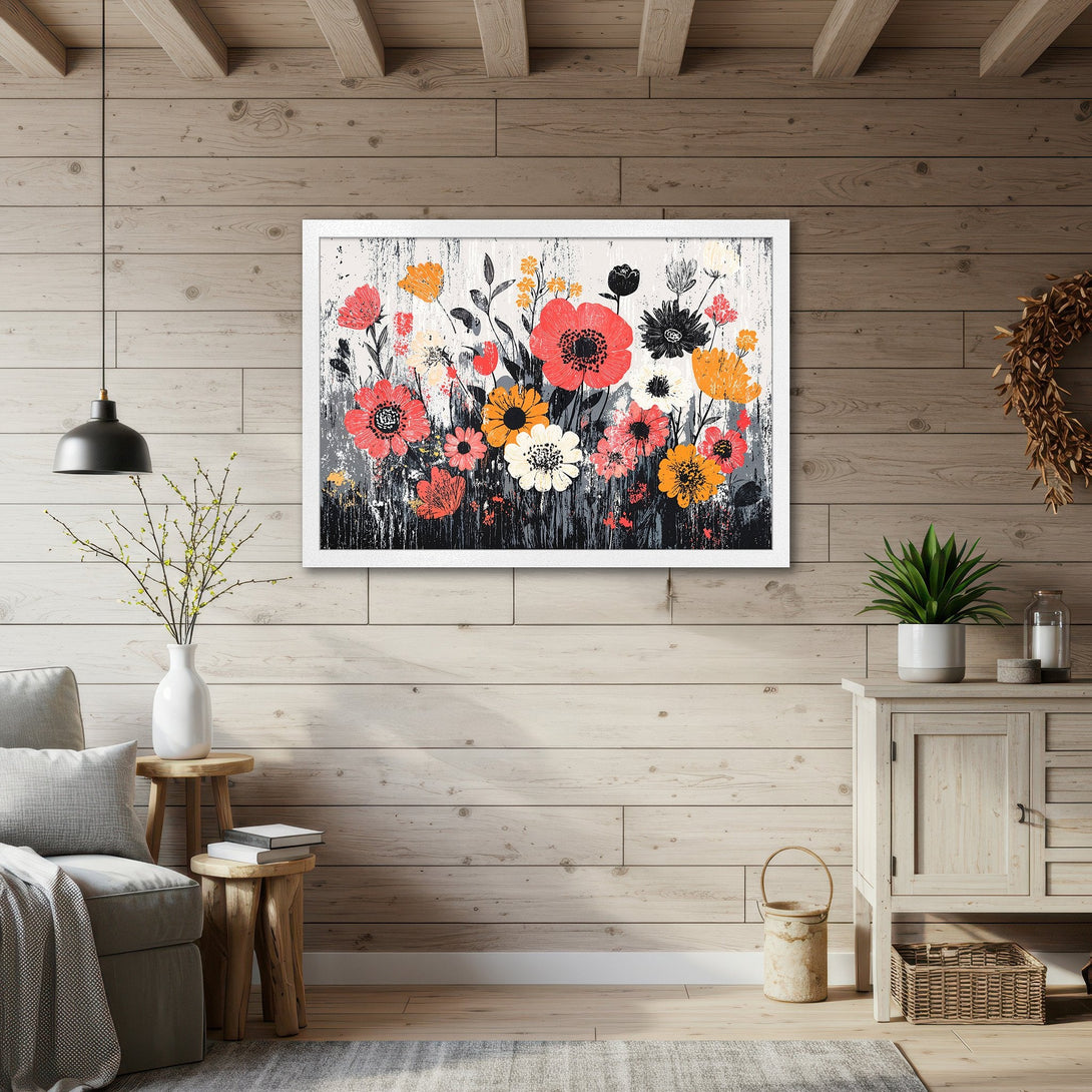 Framed Poster featuring a vibrant floral design in a modern, abstract style with a warm, colorful palette. Perfect wall art!