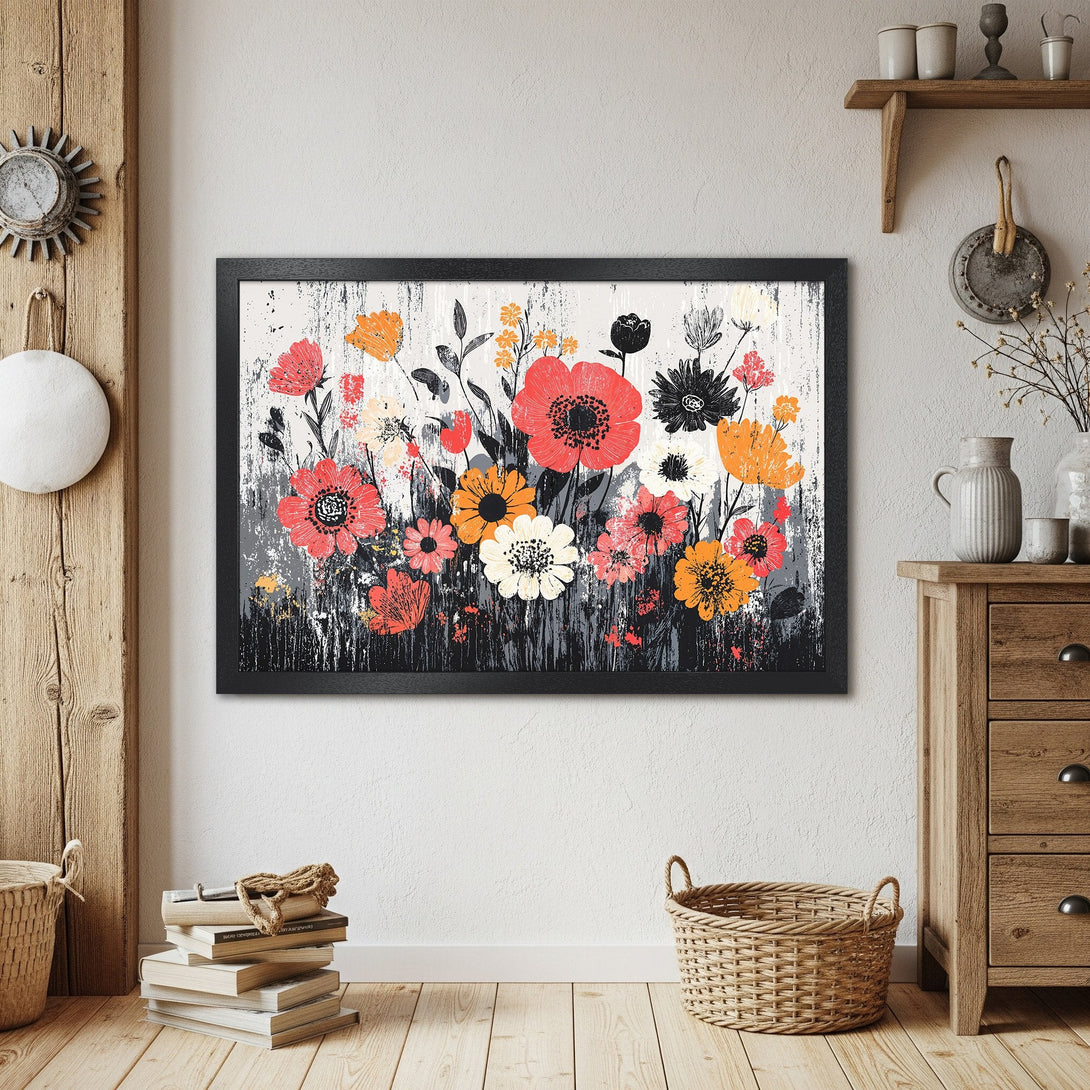 Framed Poster featuring vibrant floral art in red, orange, and black. Rustic, artistic style with a neutral background.