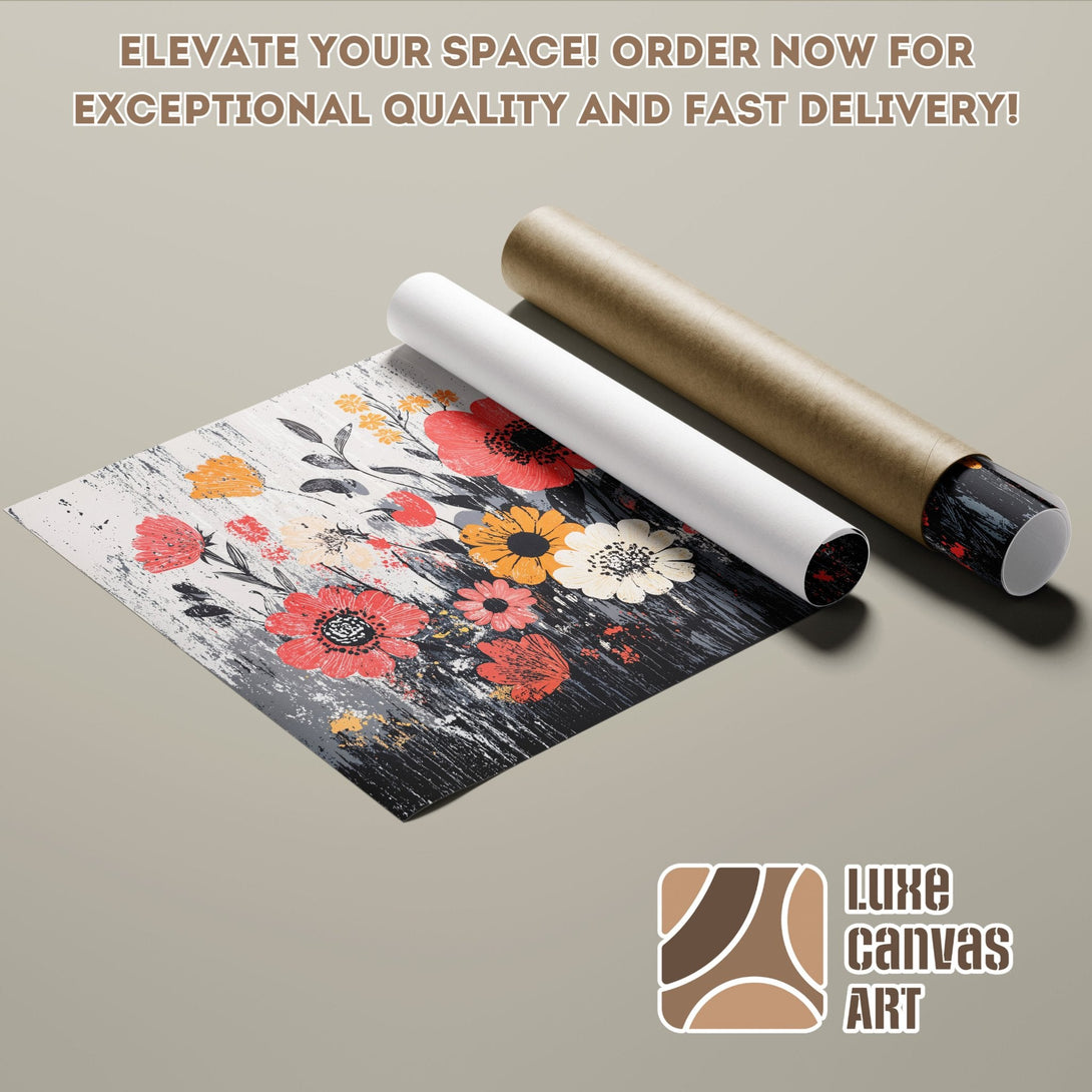Poster Roll with floral art in red, yellow, and white on a black and gray background.