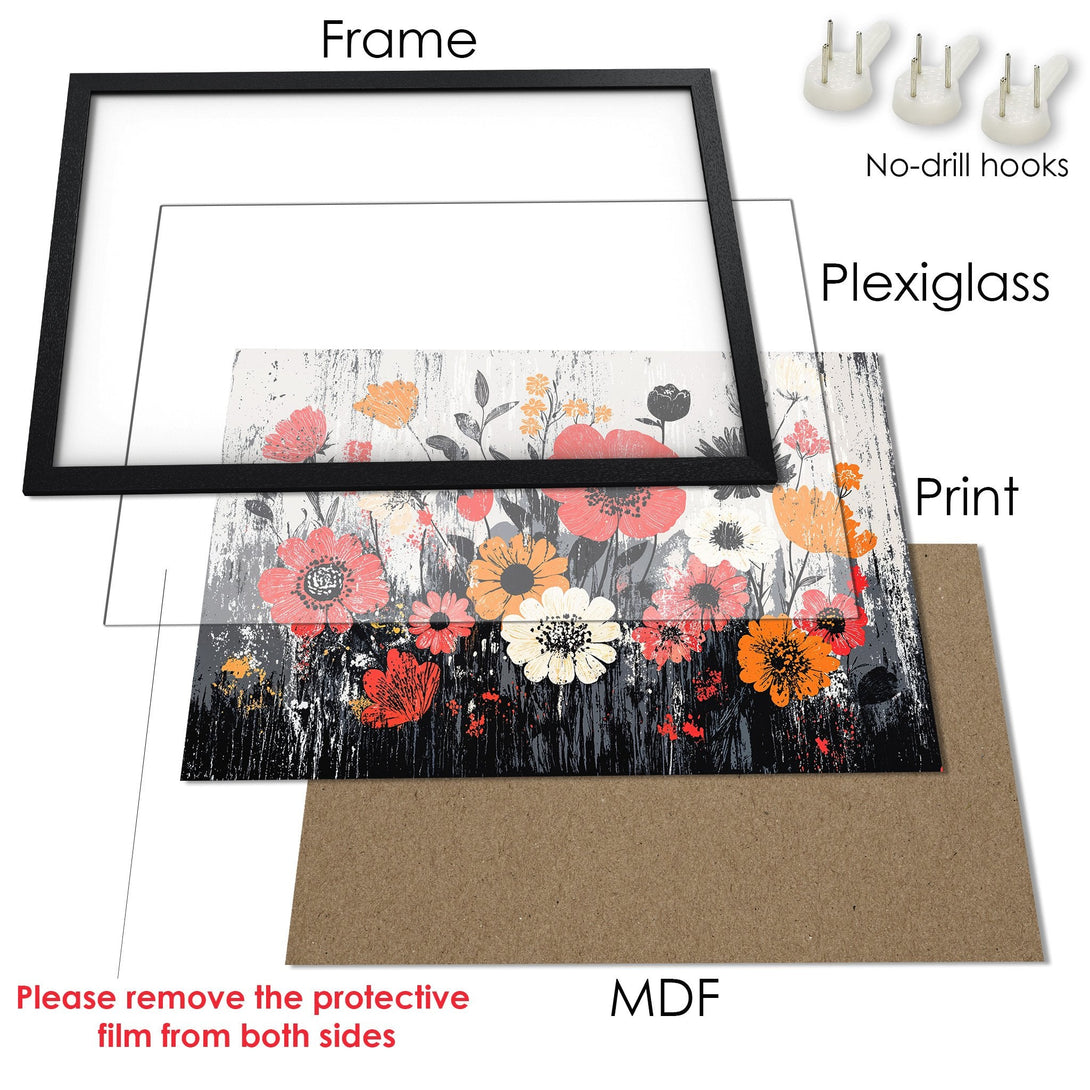 Framed Poster featuring floral art in a modern style, with a black, orange, and white color palette. Perfect wall decor!