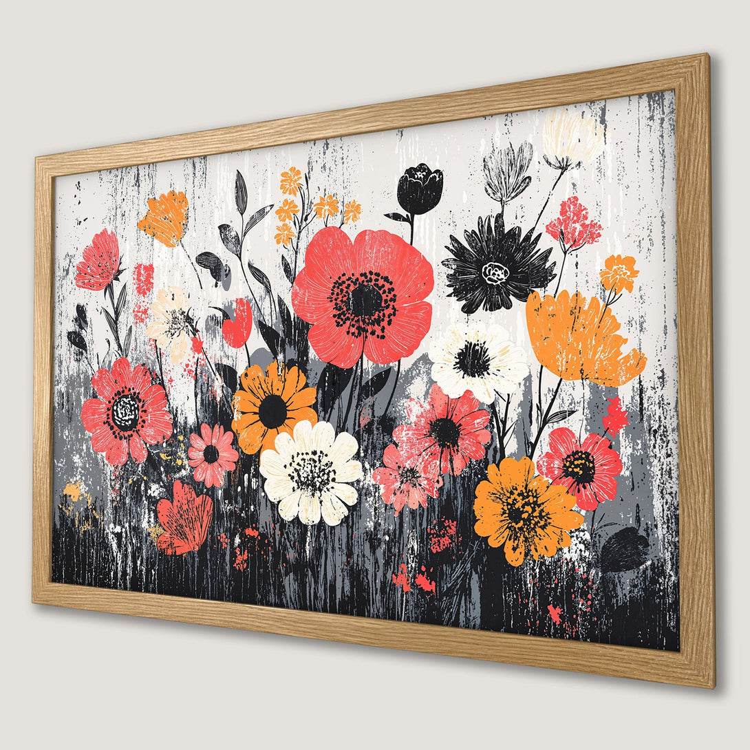 Framed Poster featuring vibrant floral art in red, orange, black, and white against a textured gray background. Perfect wall decor!