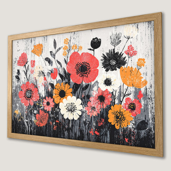 Framed Poster featuring vibrant floral art in red, orange, black, and white against a textured gray background. Perfect wall decor!