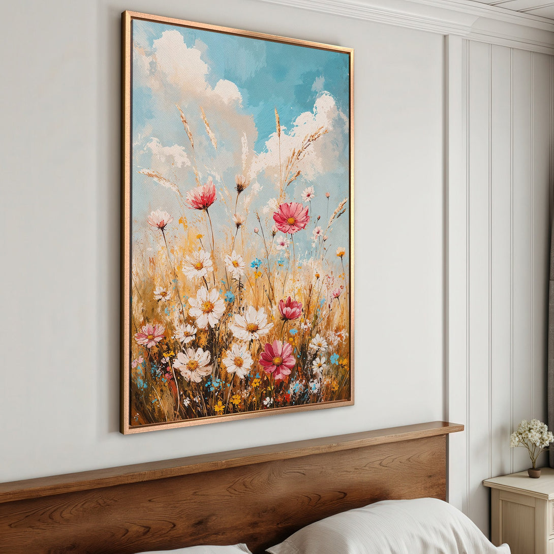 Framed Wall Art: Impressionist floral painting in a bedroom. Features a vibrant blue sky, pink & white flowers, and a warm, natural color palette.