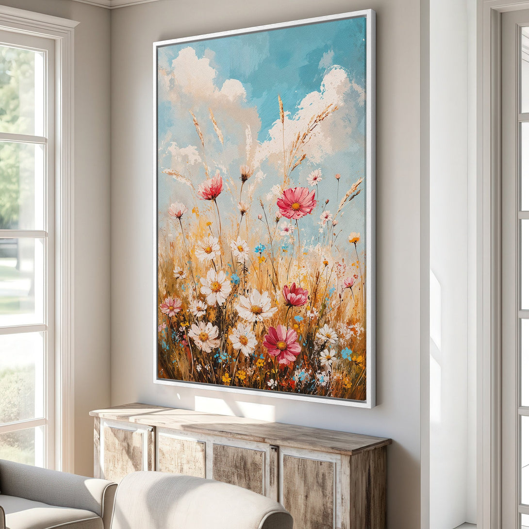 Framed Wall Art: Impressionist floral canvas print with pink, white, and blue wildflowers. Adds a touch of nature and color to any room. Shop now!