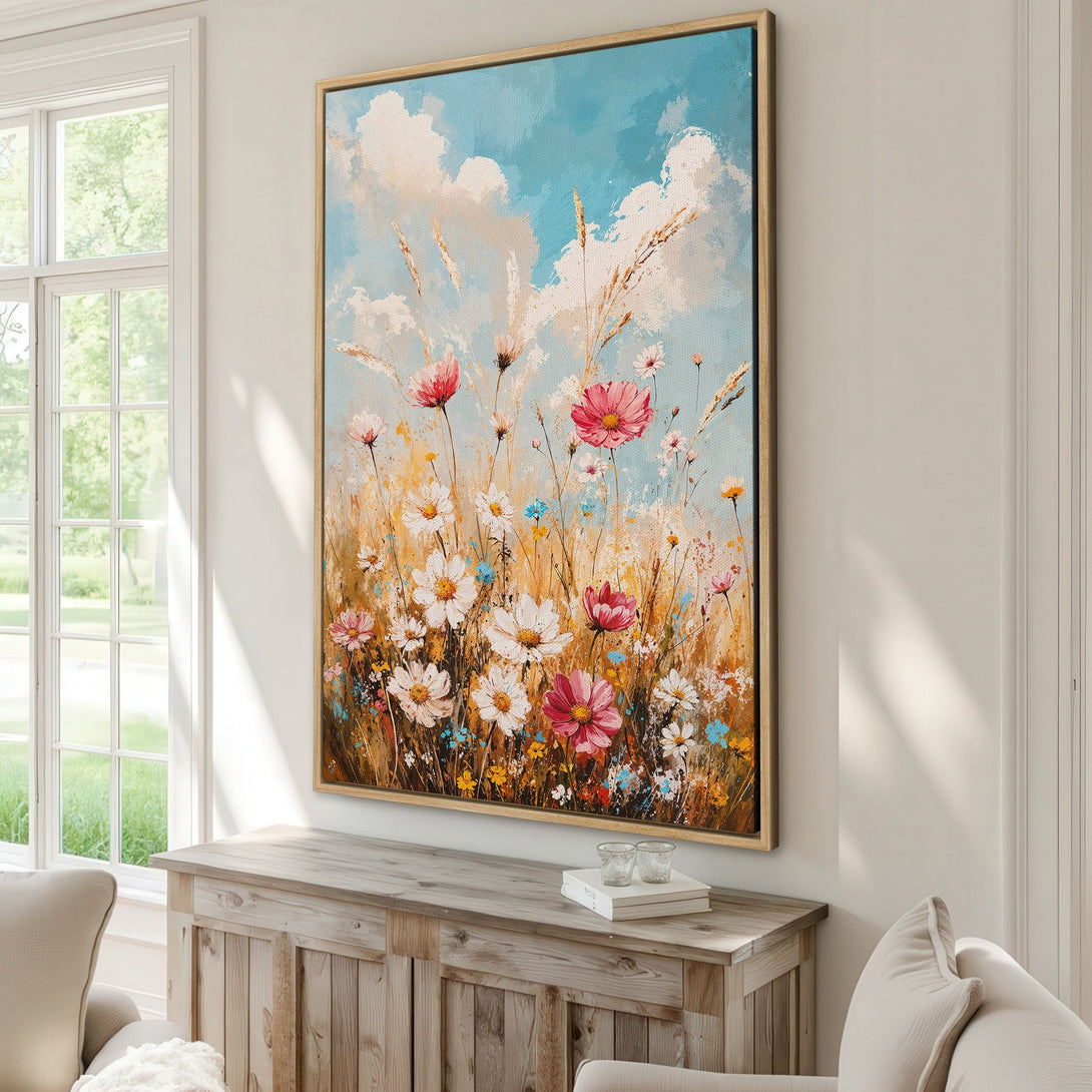 Framed Wall Art: Impressionistic floral painting with pink and white blooms against a blue sky. Earthy tones create a calming and beautiful aesthetic.