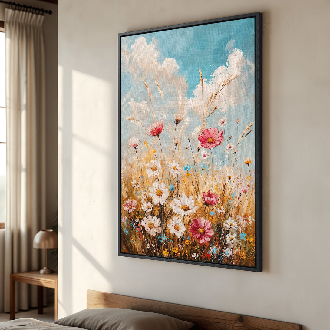 Framed Wall Art: Impressionist floral painting with pink & white flowers, blue sky, and warm earth tones. Perfect for adding a touch of nature to your space.
