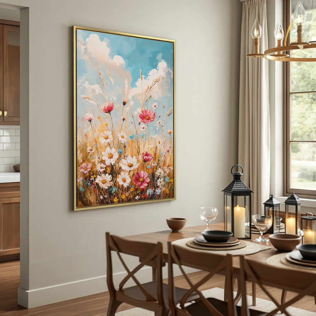 Canvas Print of a vibrant floral field painting with a blue sky. Warm, earthy tones create a cozy, rustic interior aesthetic.