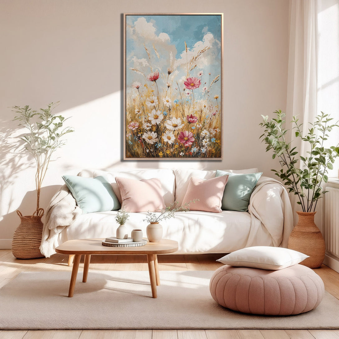 Framed Wall Art: Floral painting in a living room. Soft, impressionistic style with a warm, pastel color palette, featuring pink, white, and blue hues.