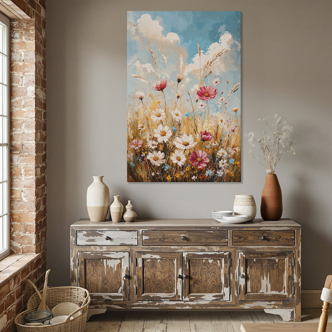 Framed Wall Art: Impressionist floral canvas print with pink and white flowers, blue sky, and gold frame. Perfect for dining room decor.