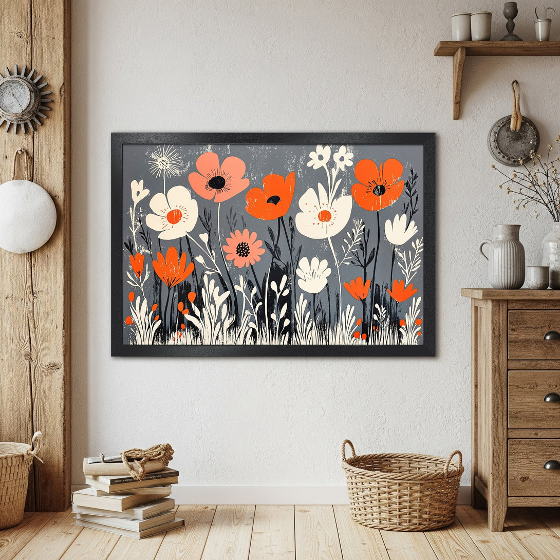 Framed Poster featuring floral art in orange, white, and gray. Modern botanical print for home decor.