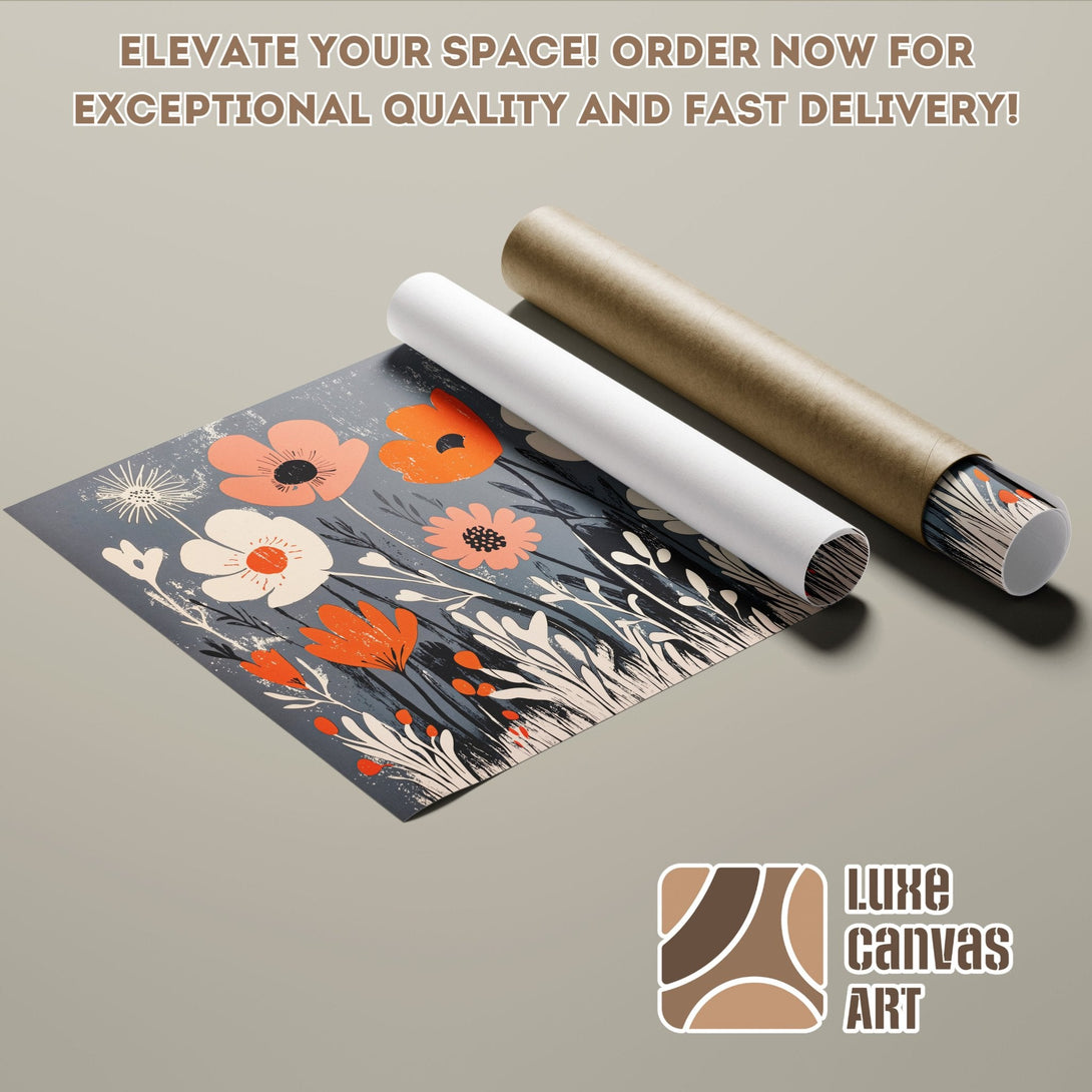 Floral Poster Roll in a modern style, featuring a gray, orange, and white color palette.