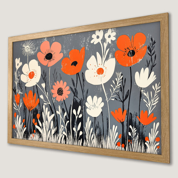 Framed Poster featuring stylized floral art in orange, white, and black on a gray background. Modern wall decor.