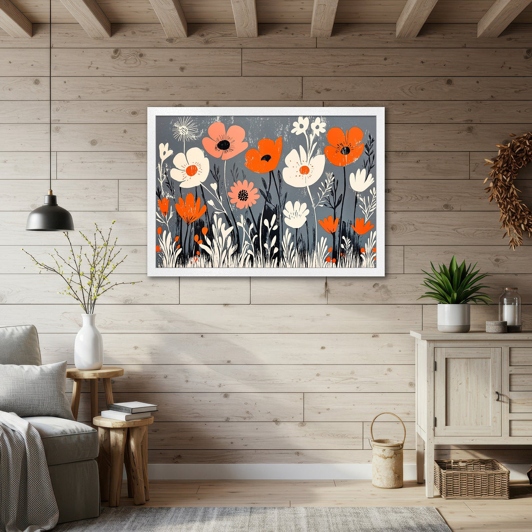 Framed Poster featuring a floral design in a modern style. The color palette includes orange, white, and gray, perfect for home decor.