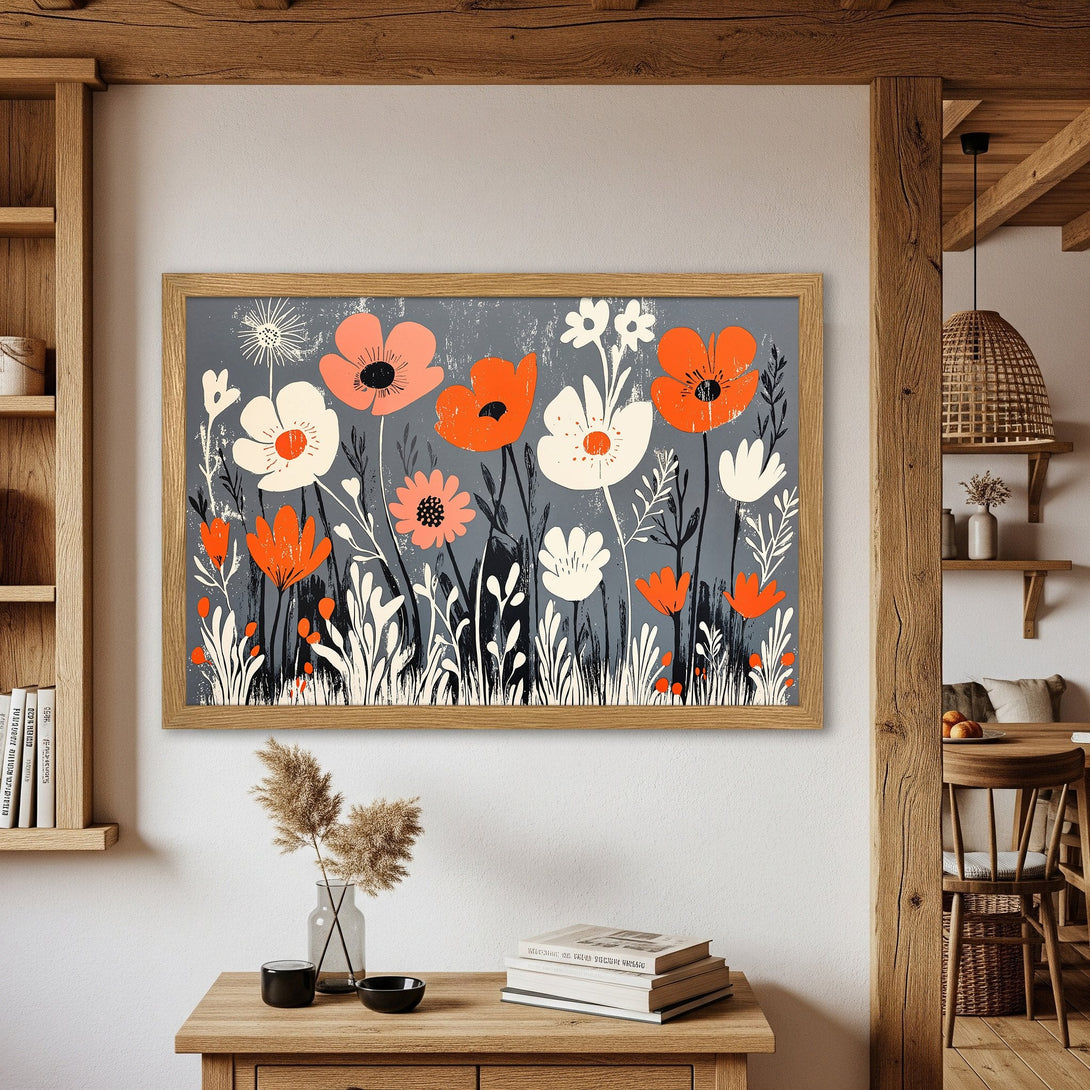 Framed Poster featuring vibrant floral art in a modern style with orange, white, and gray tones. Perfect wall decor!