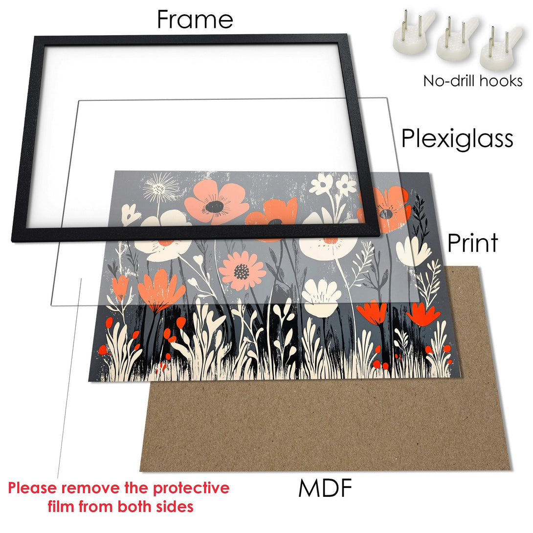 Framed Poster with floral art. Features a modern style with a gray, orange, and white color palette. Perfect wall decor!