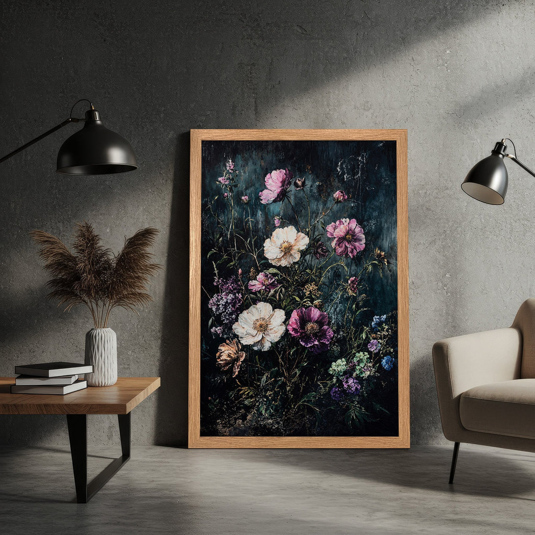 Framed Poster featuring a floral painting in a moody style with a dark teal and pink color palette. Perfect wall art!