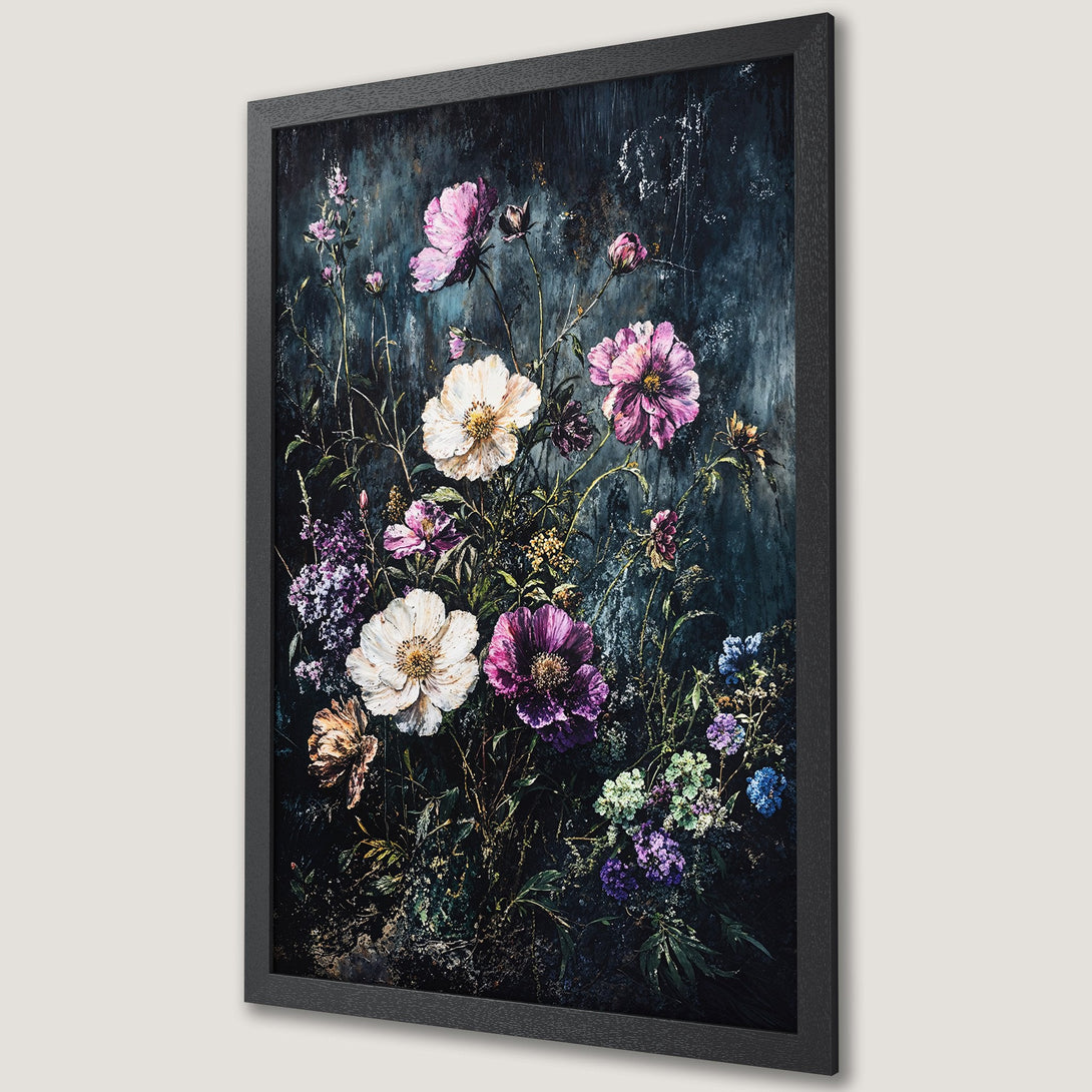 Framed Poster featuring a floral painting in a moody style with a dark blue and purple color palette. Perfect wall art!