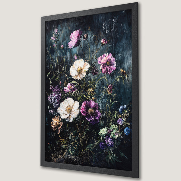 Framed Poster featuring a floral painting in a moody style with a dark blue and purple color palette. Perfect wall art!