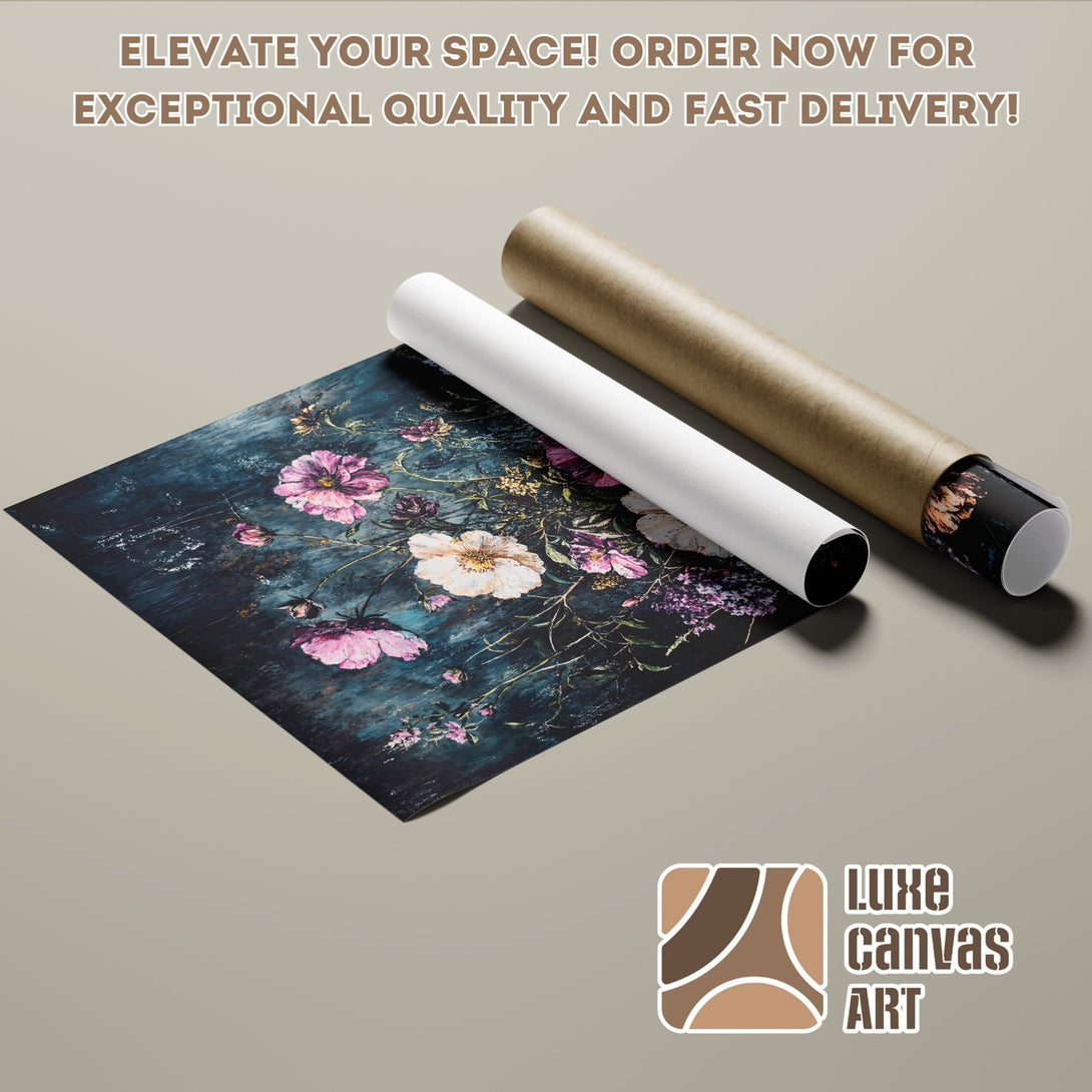 Poster Roll featuring a floral art print in a dark, moody style with a teal and pink color palette. Elevate your space!