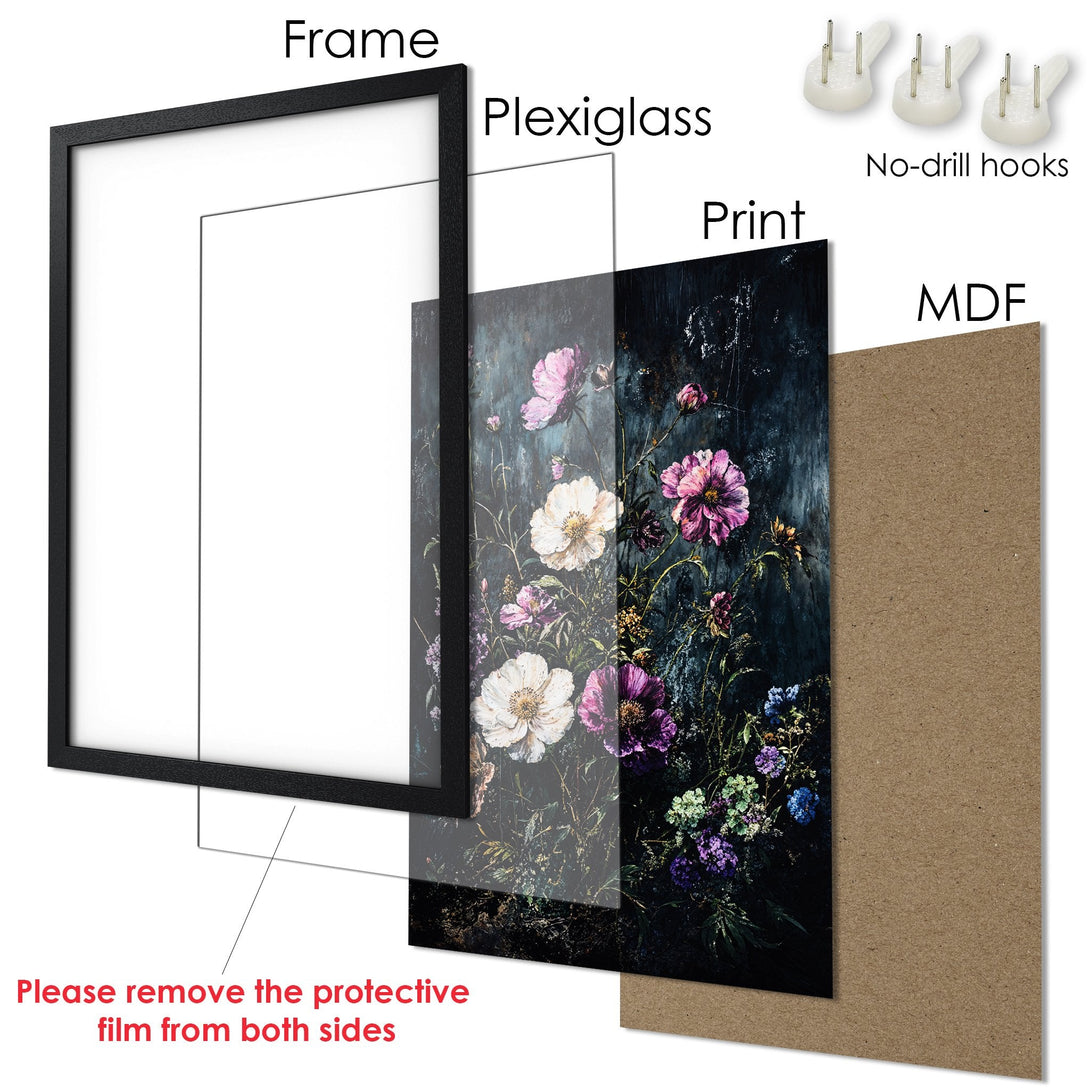 Framed Poster featuring a floral design in a dark, moody style with a palette of purple, white, and blue. Perfect wall art!