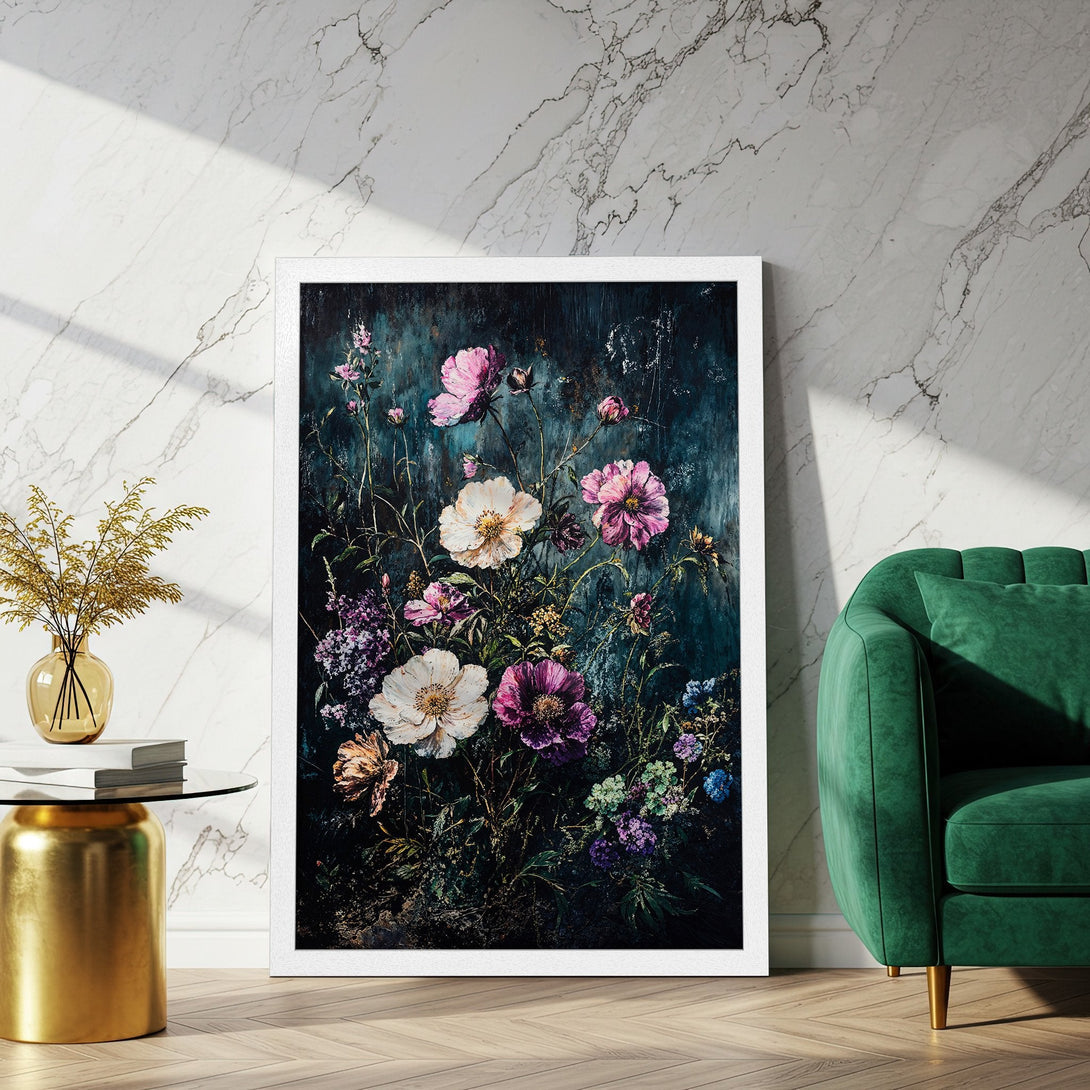 Framed Poster featuring a vibrant floral painting in a dark, moody style with pink, purple, and white blooms. Perfect art for your home!
