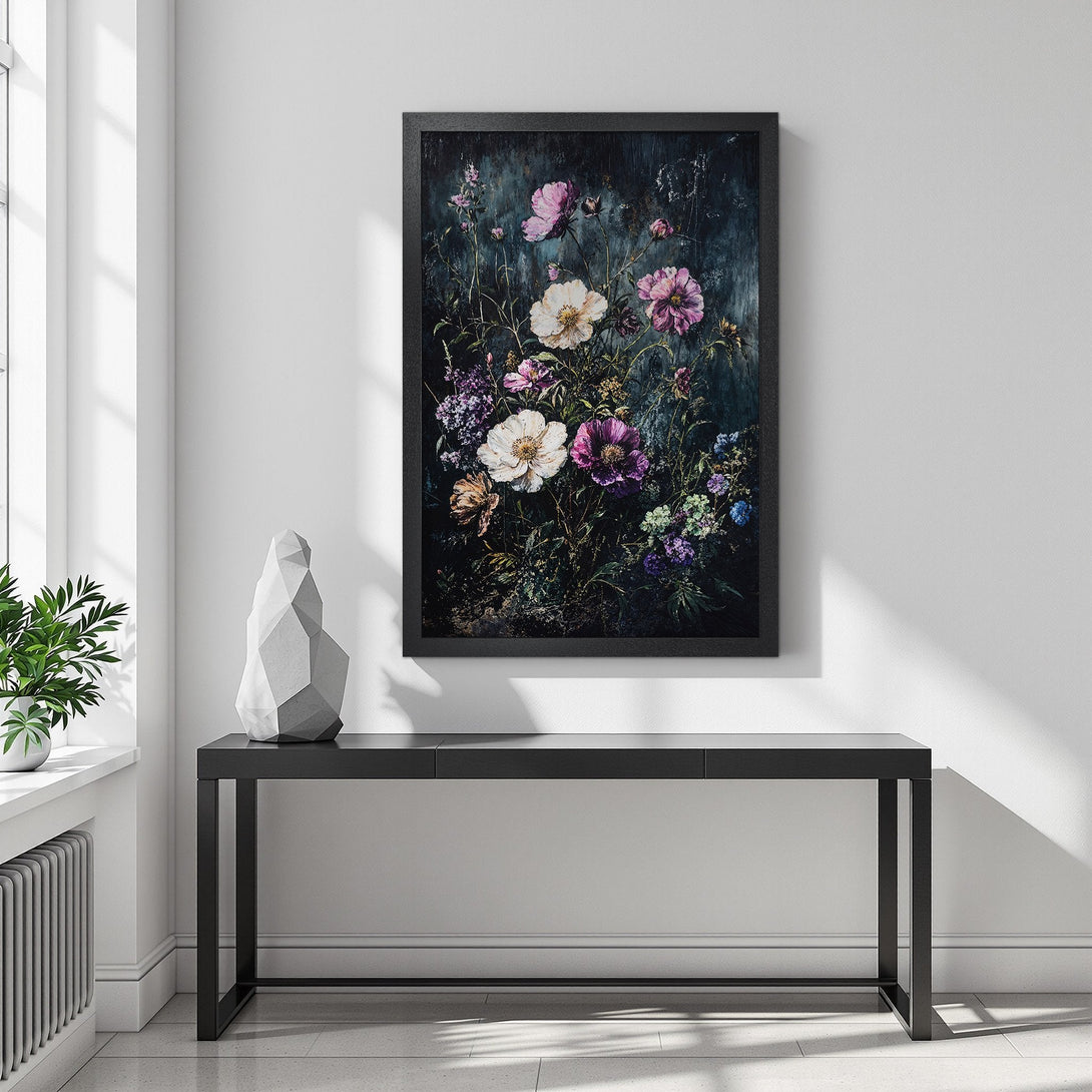 Framed Poster featuring a floral bouquet. Dark, moody style with a palette of pink, purple, and white. Perfect wall art!