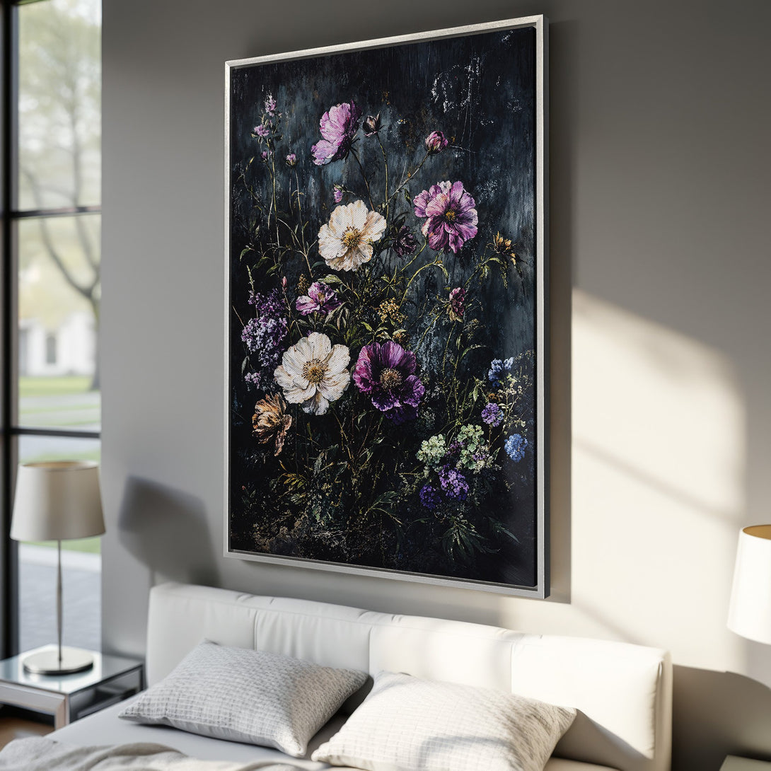 Framed Wall Art: Floral canvas print with white and purple flowers on a dark background. Adds a touch of elegance to any interior.