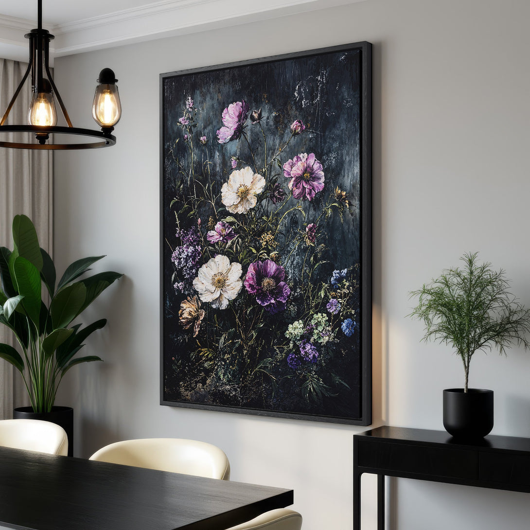 Framed Wall Art: Elegant floral Canvas Print in a dark, moody style. Features white and purple flowers against a dark background. Perfect for modern home decor.
