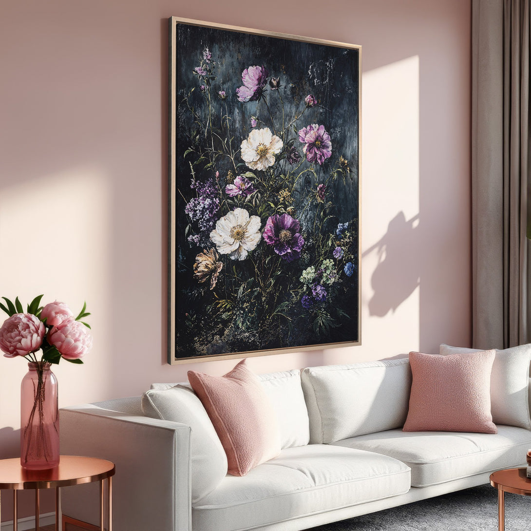 Framed Wall Art: Floral canvas print in a dark, moody style with white, purple, and pink flowers. Perfect for adding a touch of elegance to your home decor.
