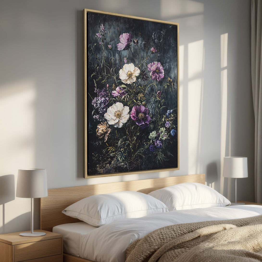 Framed Wall Art featuring a floral painting in a bedroom. Dark, moody style with purple, white, and green blooms against a dark background.