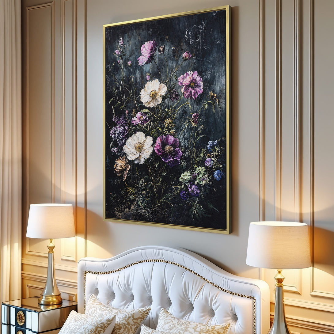 Canvas Print featuring a floral bouquet in a moody, painterly style. Dark background with pops of purple, white, and pink flowers. Perfect wall art!